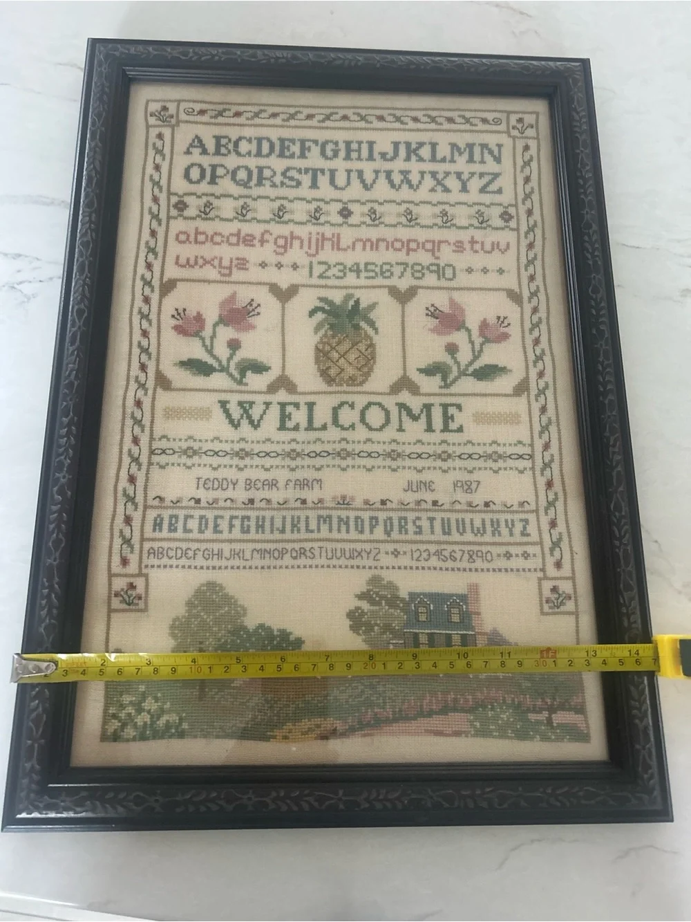 Vintage 1987 Framed Cross Stitch Sampler Welcome Pineapple Farmhouse Wall Art